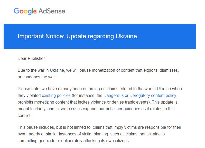 AdSense message about war in Ukraine.JPG AdSense message about war in Ukraine.JPG